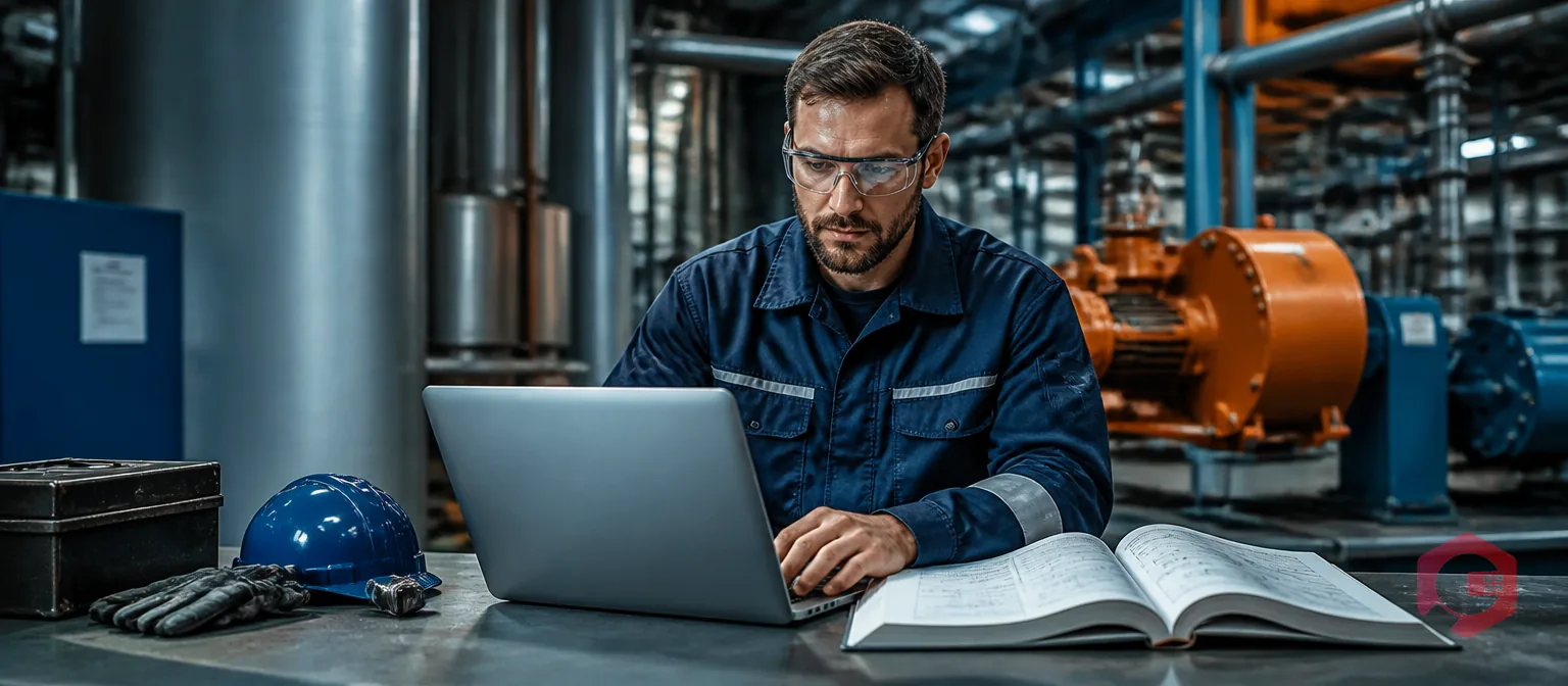 Maintenance engineer converting OEM PM manual into CMMS schedule on laptop in industrial facility | Cryotos