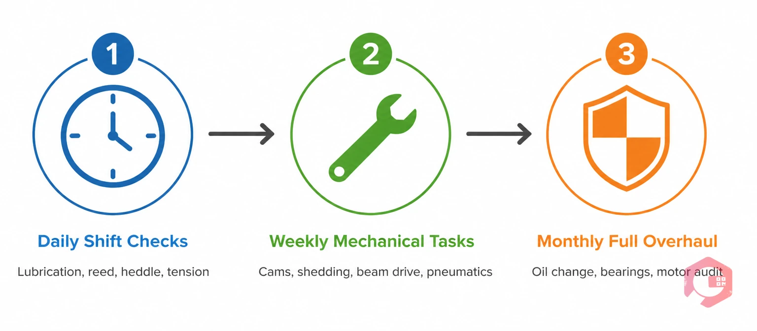 Daily weekly and monthly loom maintenance checklist process flow for textile manufacturing plants | Cryotos