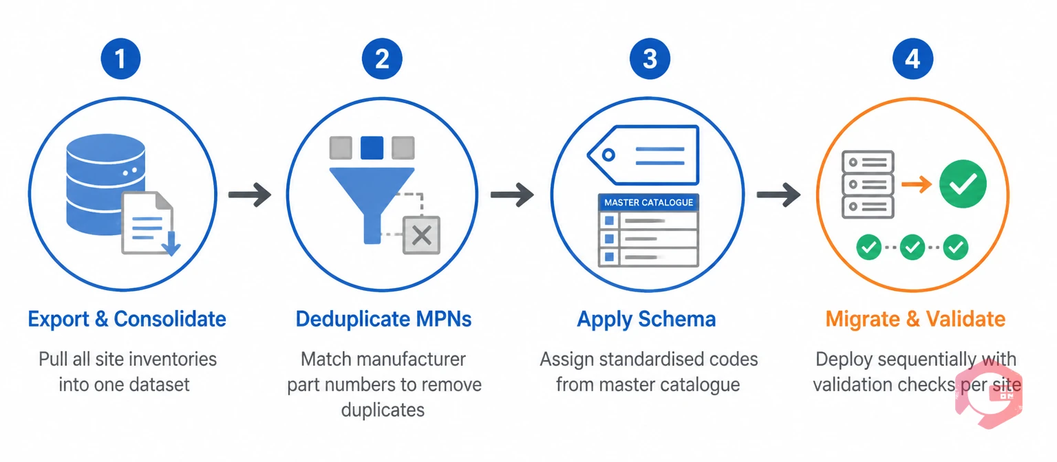 Four-step part number standardisation process: export, deduplicate, apply schema, migrate and validate | Cryotos