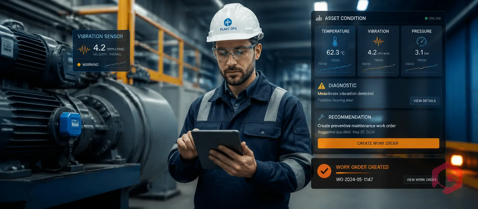 Maintenance engineer reviewing IoT sensor condition data triggering preventive maintenance work orders automatically | Cryotos