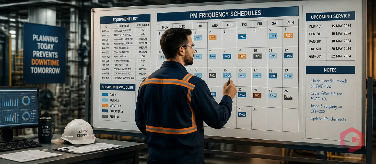Maintenance planner reviewing PM frequency schedules on a planning board in an industrial facility | Cryotos