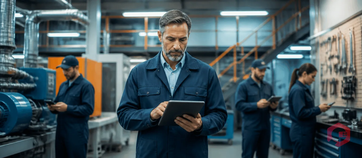 Maintenance supervisor reviewing CMMS adoption metrics on tablet with technicians using mobile devices in industrial facility | Cryotos