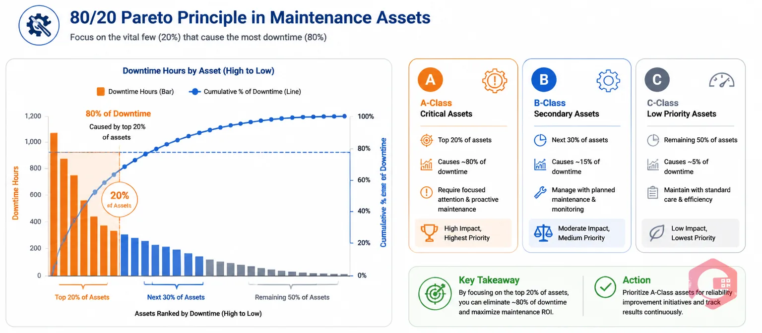 Pareto analysis 80/20 rule applied to maintenance assets showing A-class critical assets driving 80% of downtime | Cryotos