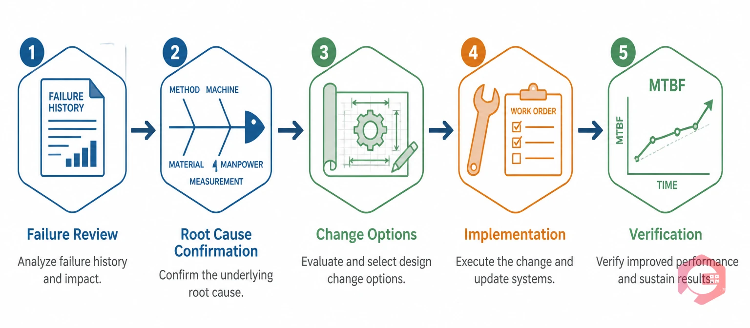 Five-stage engineering change process for design-out maintenance: failure review, root cause confirmation, change options, implementation, and verification | Cryotos