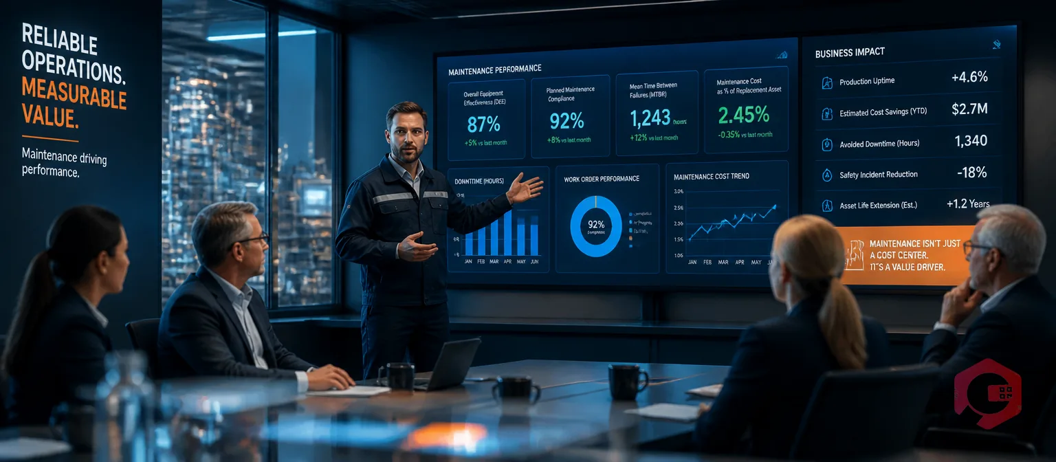 Maintenance manager presenting value-driven maintenance metrics to senior leadership in industrial operations centre | Cryotos