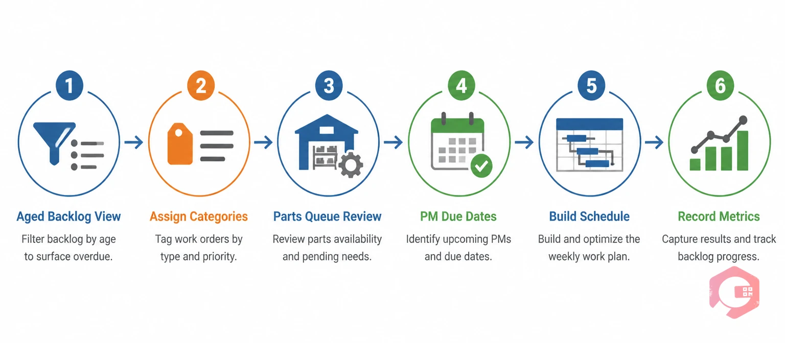 6-step weekly backlog triage routine for maintenance leads: aged view, categories, parts, PMs, schedule, metrics | Cryotos