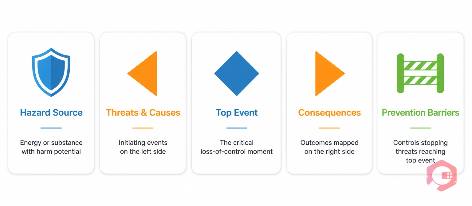 Bow-tie analysis diagram components showing hazard, top event, threats, consequences and barriers | Cryotos