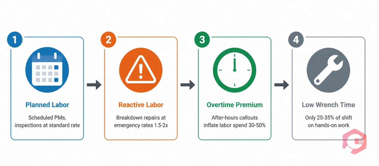 Maintenance labor cost structure showing planned labor, reactive labor, overtime premiums, and wrench time benchmarks | Cryotos