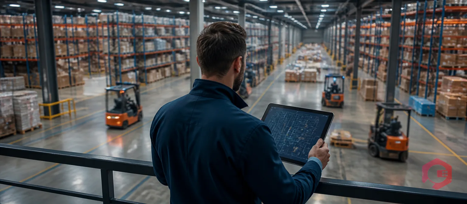 Warehouse operations manager using tablet to view real-time GPS and beacon asset location tracking across warehouse floor | Cryotos