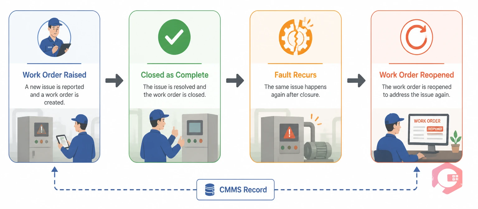 Concept illustration showing how a work order is closed and then reopened after a repair fails, with linked records in a CMMS | Cryotos