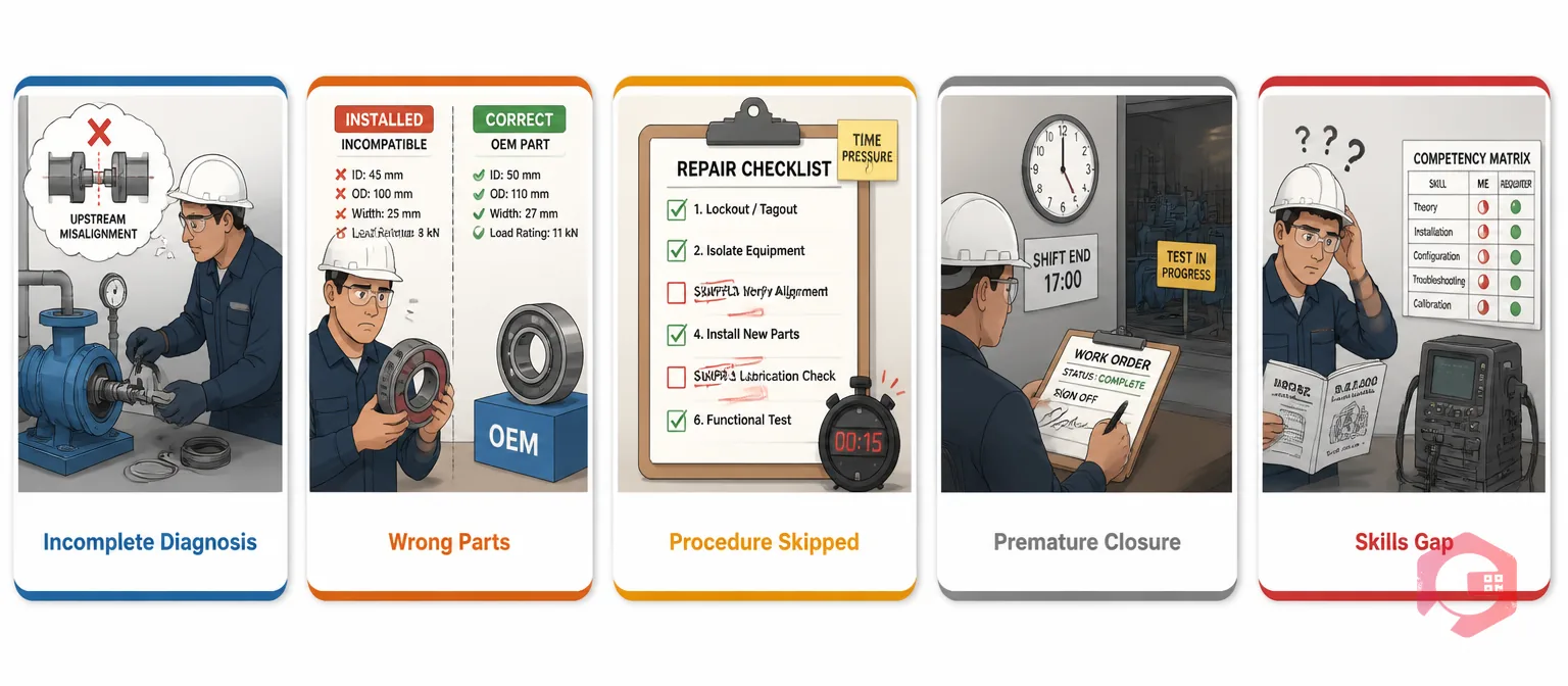 Five root causes of reopened work orders illustrated as scenario cards: incomplete diagnosis, wrong parts, procedure not followed, premature closure, skills gap | Cryotos