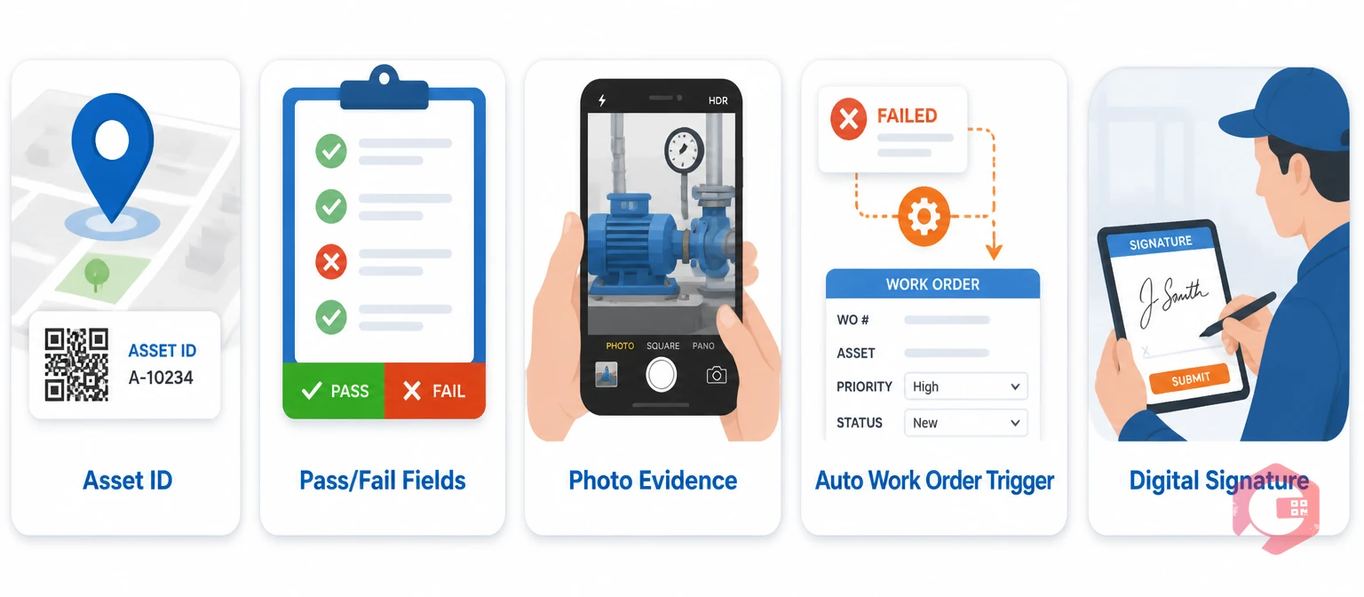 Five core elements of a CMMS facility inspection checklist: asset ID, pass/fail fields, photo evidence, auto work order trigger, and digital signature | Cryotos