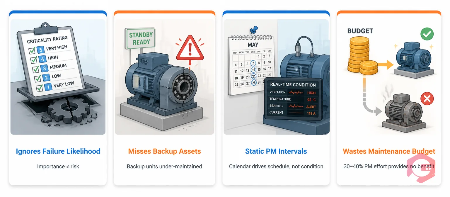 Four flaws of criticality-only asset ranking: ignores failure likelihood, misses backup assets, static intervals, wastes budget | Cryotos
