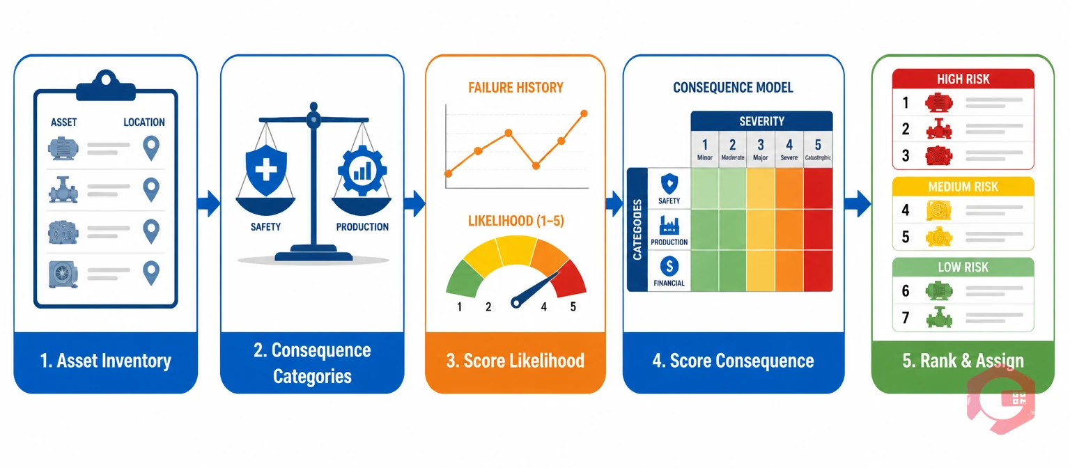 5-step process to implement risk-based maintenance: Asset Inventory, Consequence Categories, Score Likelihood, Score Consequence, Rank and Assign | Cryotos