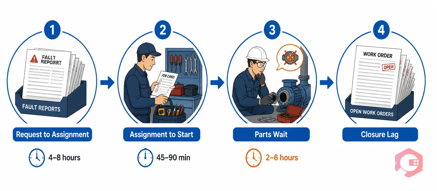 Four phases where work order cycle time is lost: request to assignment, assignment to start, parts wait, and closure lag | Cryotos
