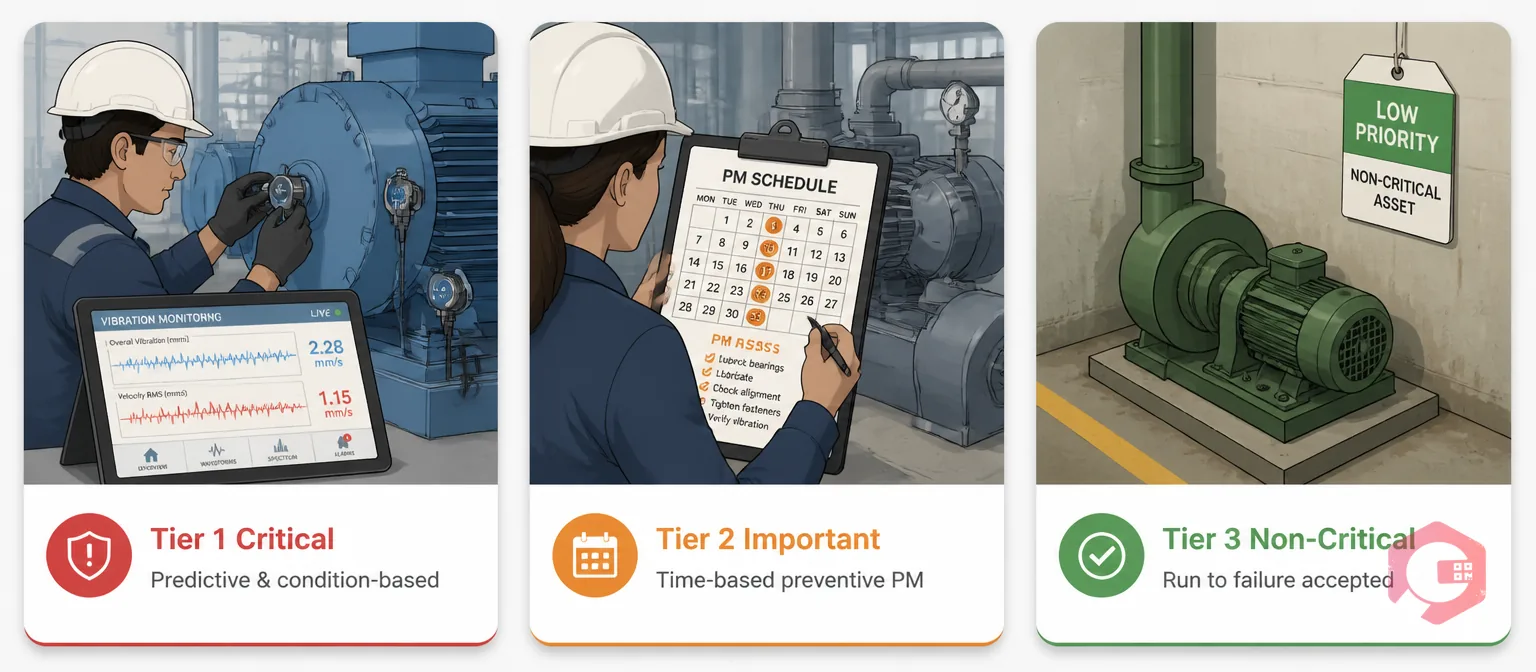 Asset criticality tiers and maintenance strategies: Tier 1 predictive, Tier 2 preventive, Tier 3 run-to-failure | Cryotos