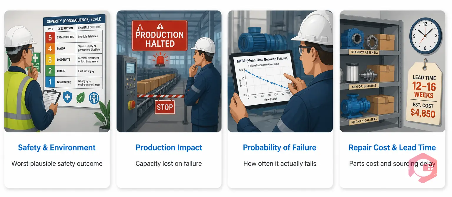 Four factors driving asset criticality score: safety, production impact, probability of failure, repair cost | Cryotos