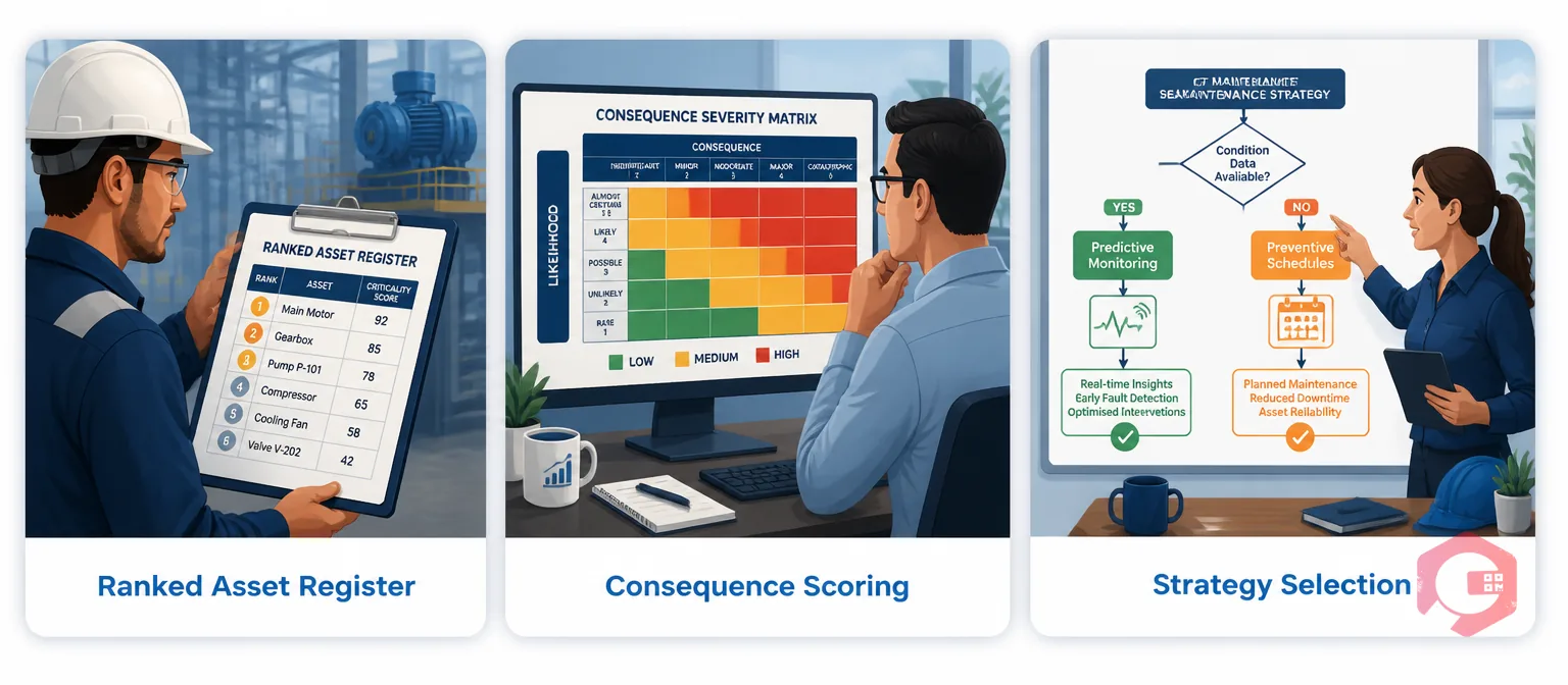 Asset criticality analysis concept showing ranked asset register, consequence scoring and strategy selection | Cryotos