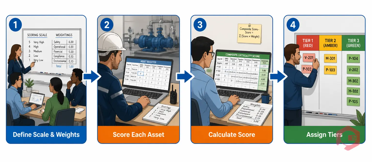 Step-by-step asset criticality ranking process: define scale, score assets, calculate composite score, assign tiers | Cryotos