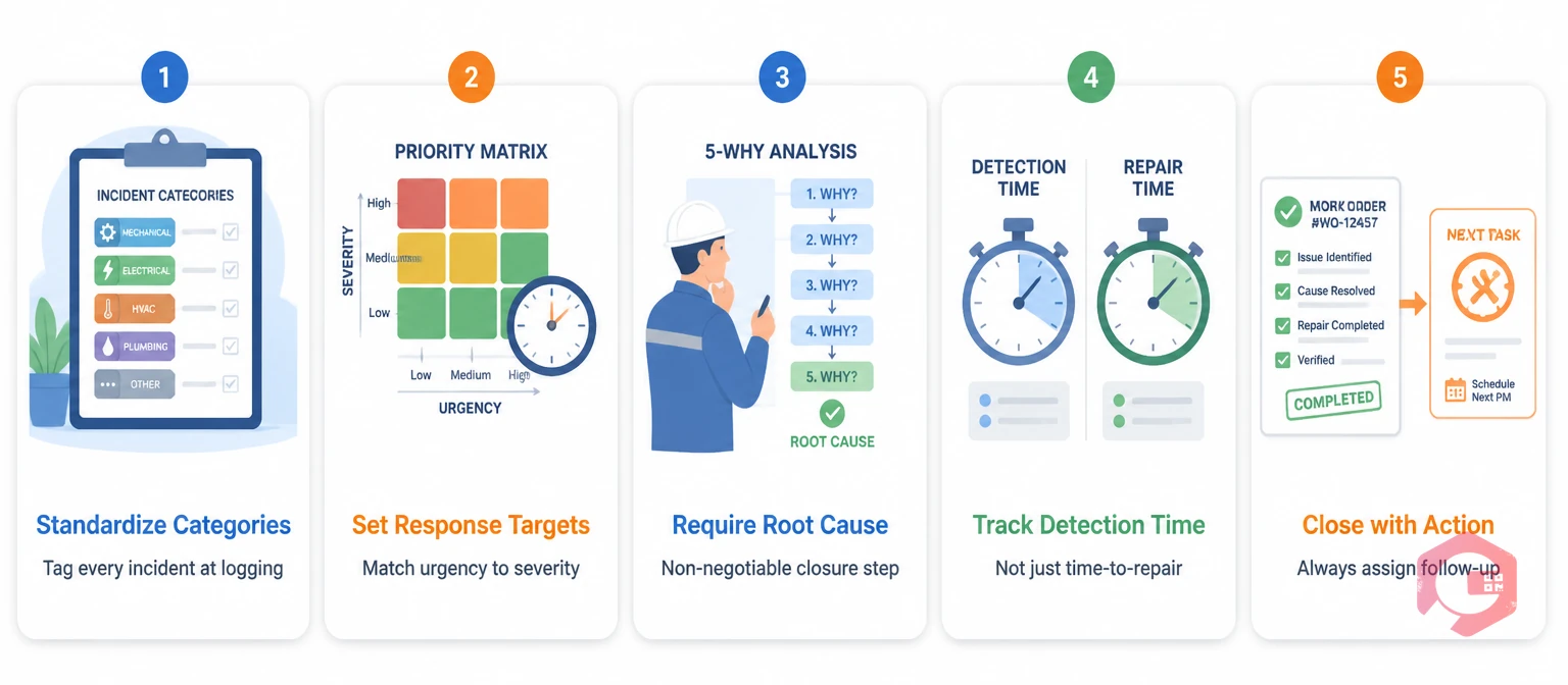 Five best practices for maintenance incident management: standardize, set targets, require RCA, track detection, close with action | Cryotos