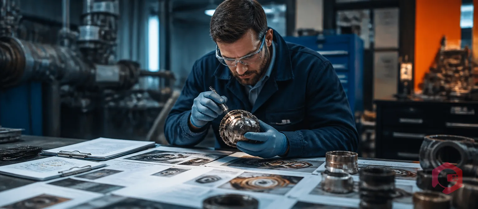 Reliability engineer investigating equipment failure with inspection tools and analysis documents | Cryotos