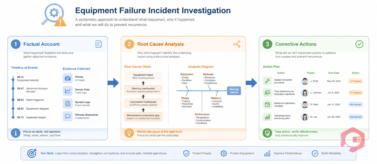 Equipment failure incident investigation concept showing factual account, root cause chain, and corrective actions | Cryotos
