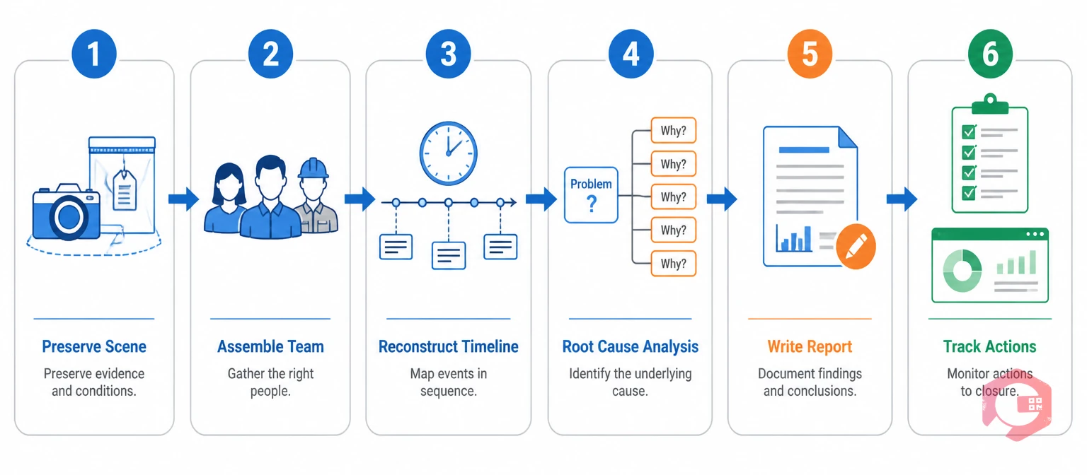 PROVE method 6-step incident investigation process: preserve scene, assemble team, reconstruct timeline, root cause analysis, write report, track actions | Cryotos