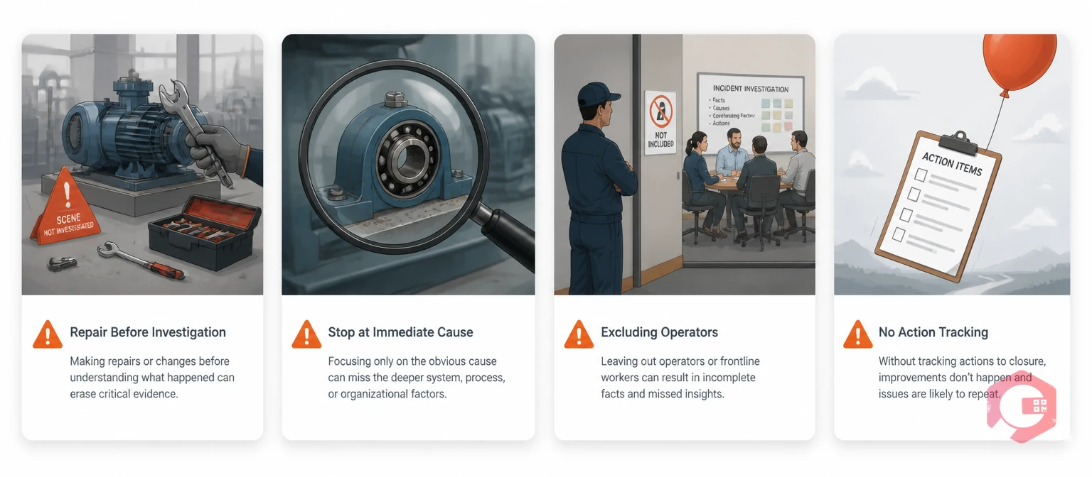 Four common incident investigation mistakes: repair before investigation, stopping at immediate cause, excluding operators, no action tracking | Cryotos