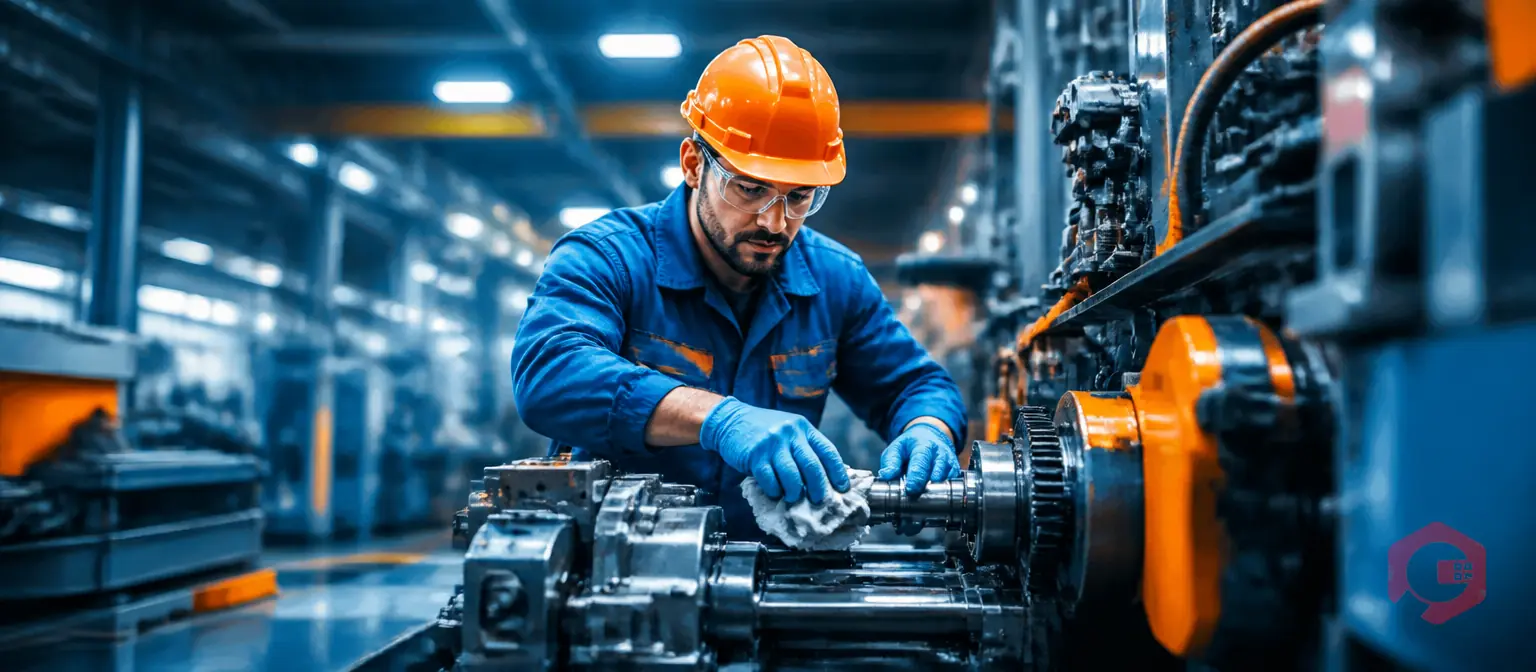Factory operator performing Jishu Hozen autonomous maintenance on production equipment | Cryotos