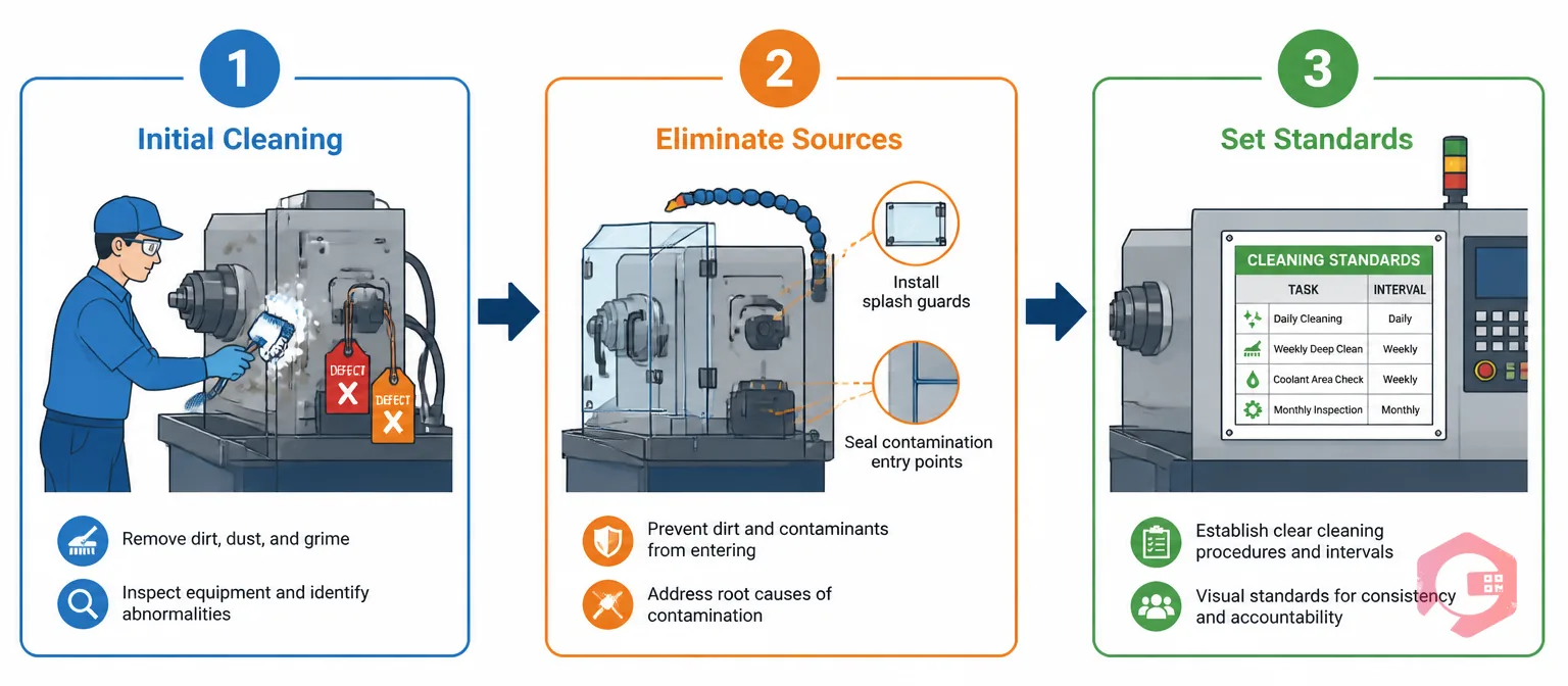 Jishu Hozen steps 1 to 3 process flow: initial cleaning, eliminating contamination sources, and establishing standards | Cryotos