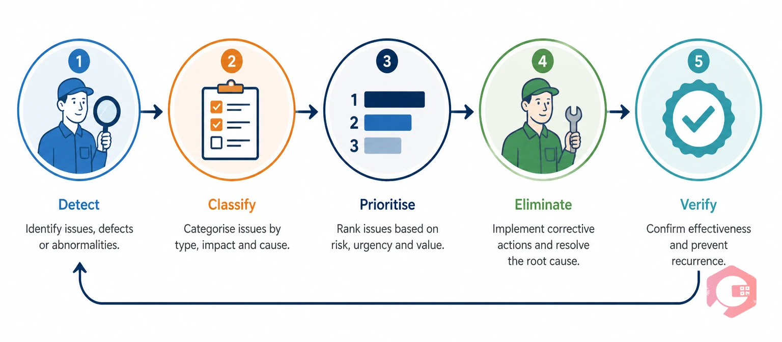 Fuguai elimination cycle 5-step process: Detect, Classify, Prioritise, Eliminate, Verify in TPM autonomous maintenance | Cryotos