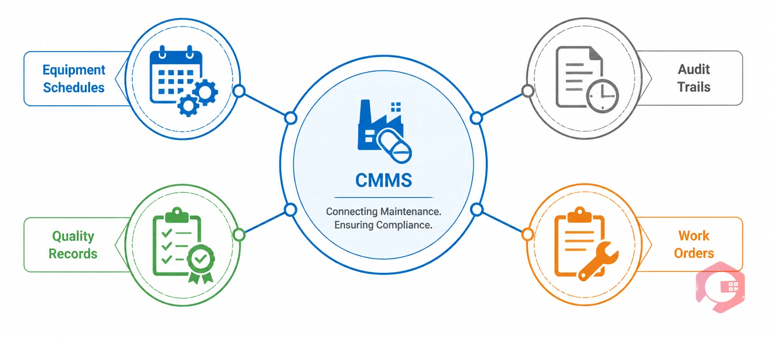 CMMS as a central hub connecting pharma equipment schedules, audit trails, quality records and work orders | Cryotos