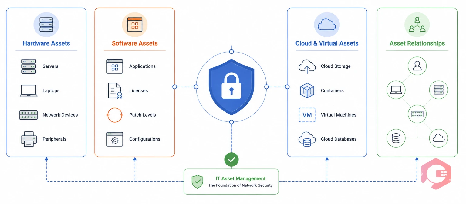 IT asset management components — hardware, software, cloud, and asset relationships — as the foundation of network security | Cryotos