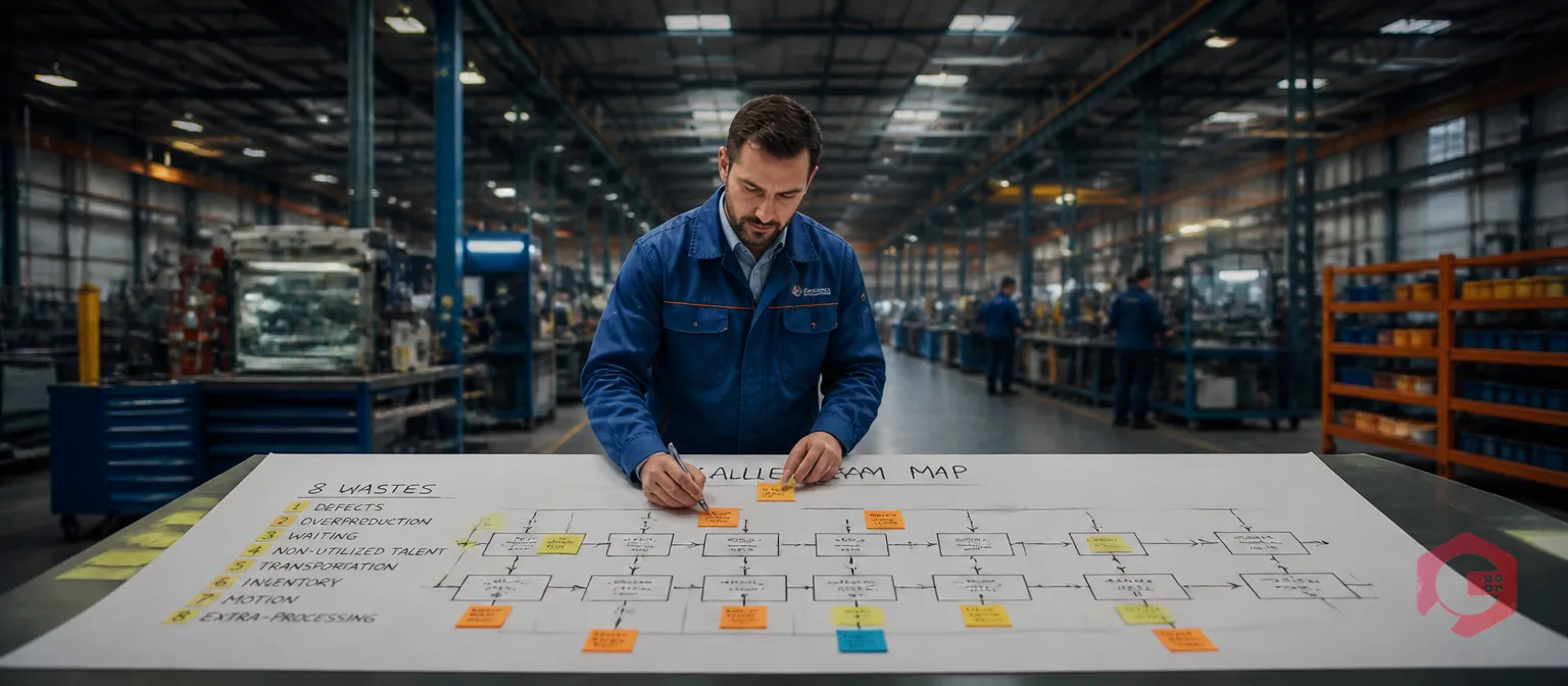 Lean manufacturing engineer mapping 8 wastes on a value stream map in a process improvement workshop | Cryotos