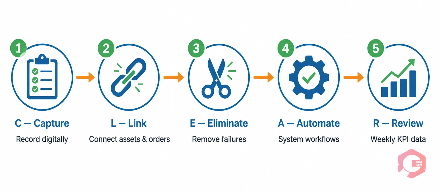 5-step CLEAR lean maintenance framework: Capture, Link, Eliminate, Automate, Review | Cryotos
