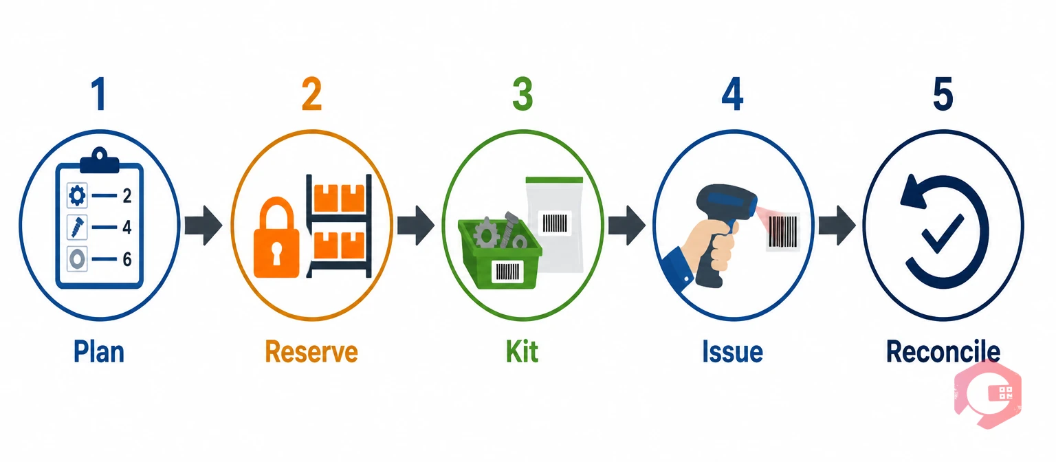 PRKI-R framework 5-step process: Plan, Reserve, Kit, Issue, Reconcile for parts reservation in planned work orders | Cryotos