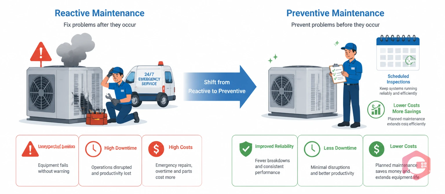 Reactive vs Preventive Maintenance for HVAC Equipment concept illustration | Cryotos