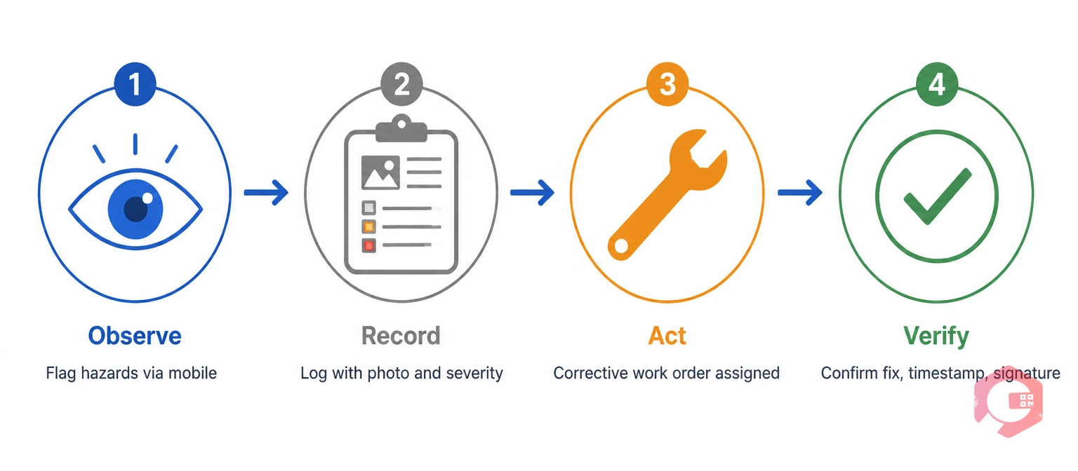 6S Safety Loop four-stage cycle: Observe, Record, Act, Verify — keeping the Safety pillar active | Cryotos