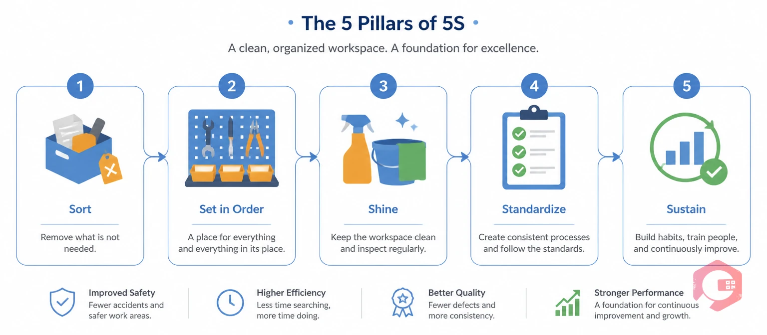 Five pillars of 5S lean methodology — Sort, Set in Order, Shine, Standardize, Sustain — illustrated as concept cards | Cryotos