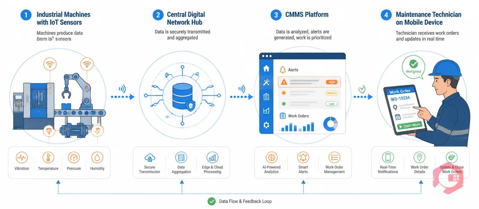Connected factory ecosystem showing IoT sensors, network hub, CMMS platform and mobile technician in data flow diagram | Cryotos