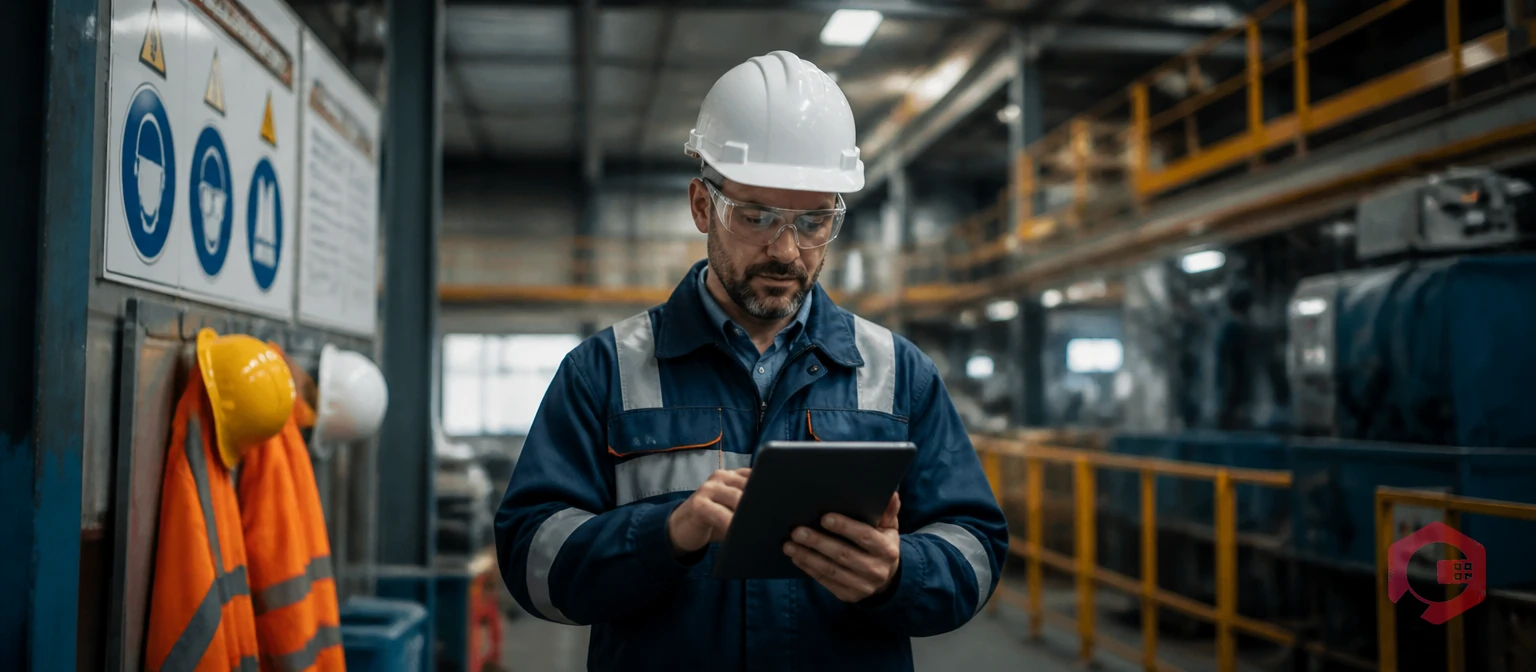 EHS manager filing a workplace safety incident report on a tablet in an industrial facility | Cryotos