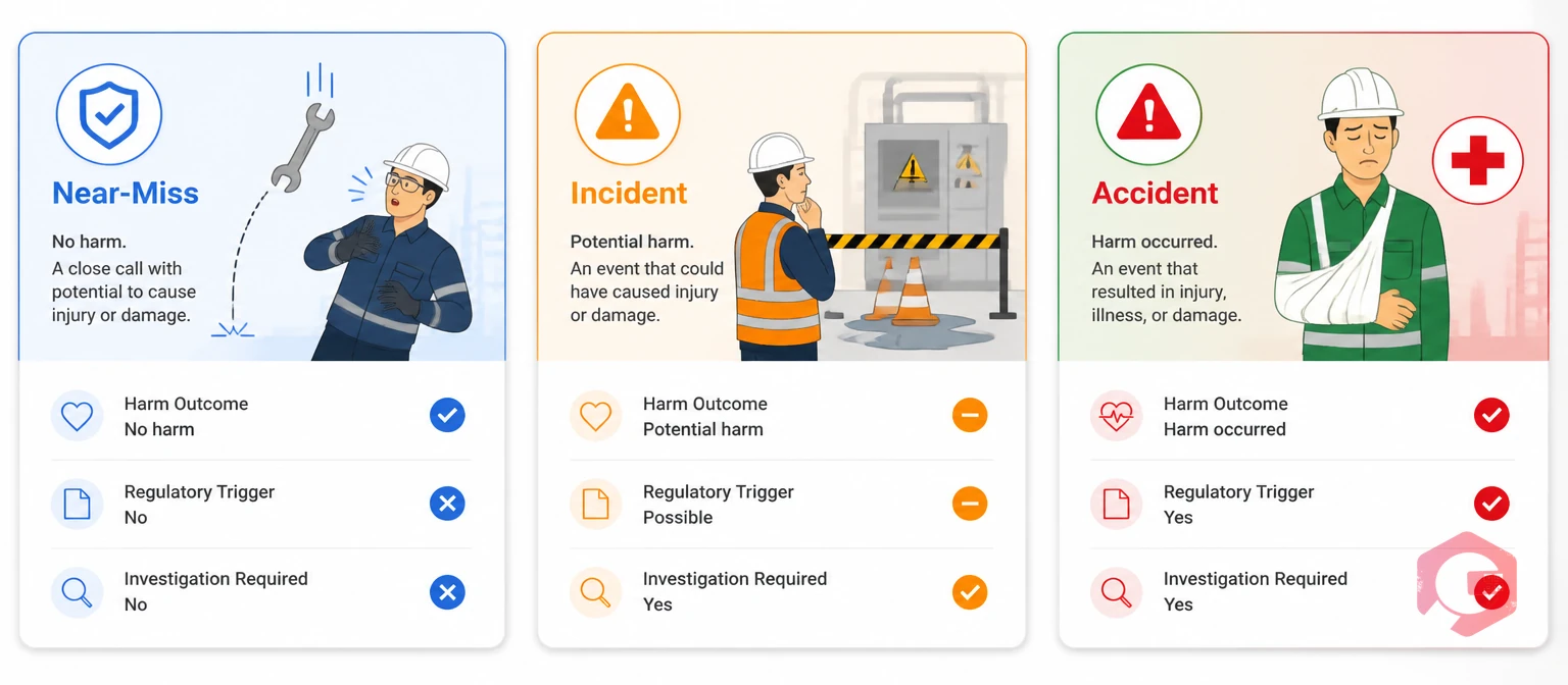 3-tier safety event classification: Near-Miss, Incident, and Accident comparison illustration | Cryotos