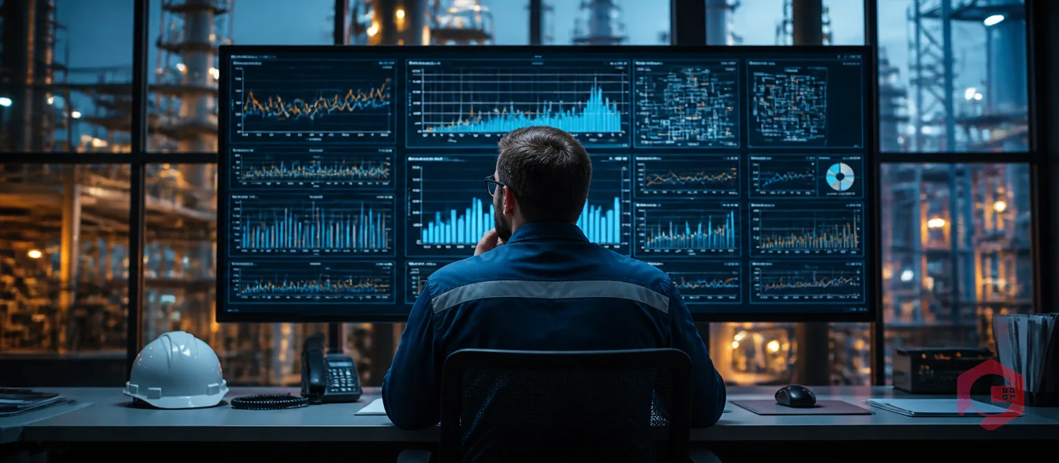 Maintenance engineer analysing repeat incident patterns on industrial control room monitor | Cryotos