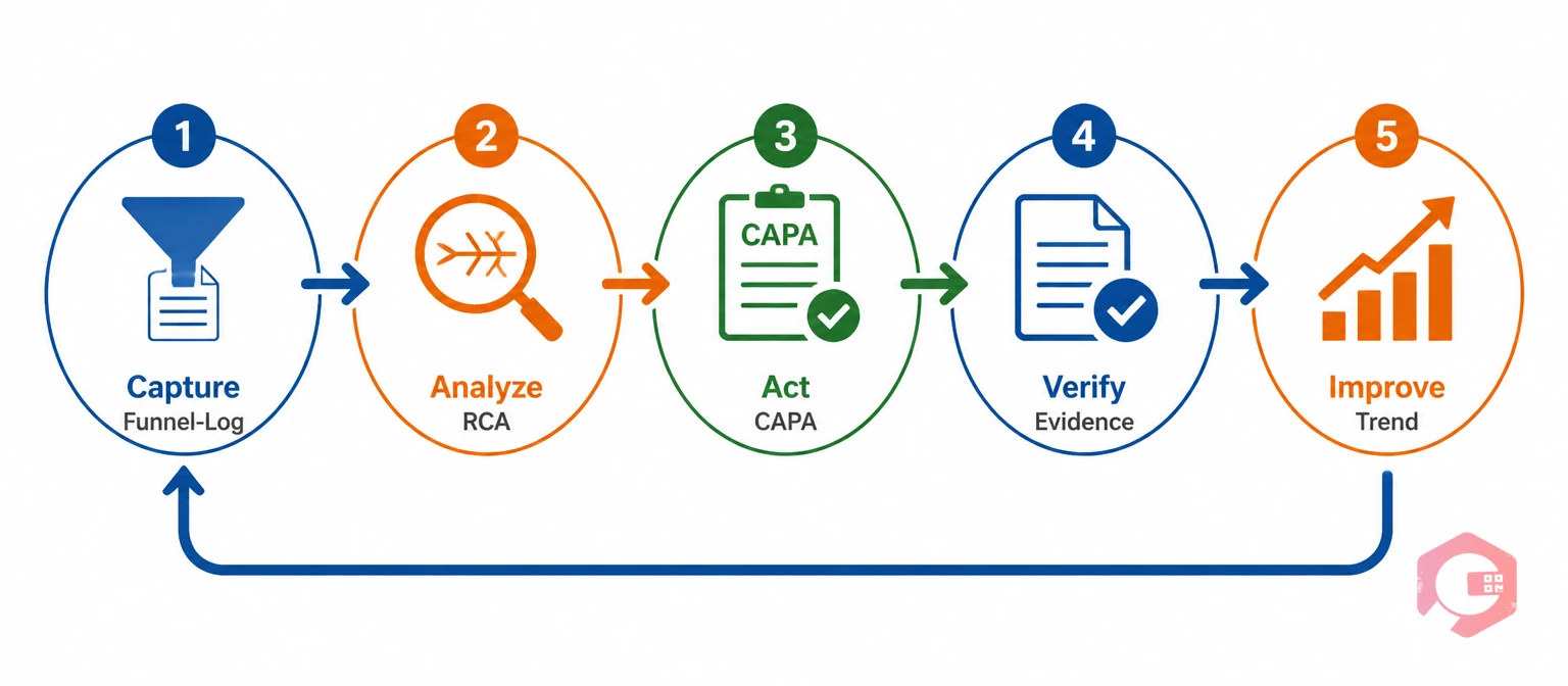 Five-stage repeat incident reduction closed loop — Capture, Analyze, Act, Verify, Improve | Cryotos