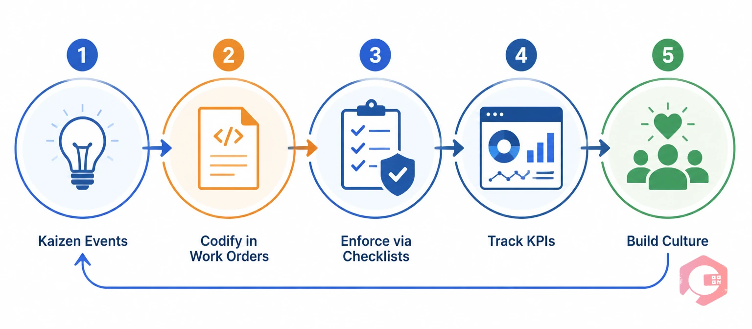 Kaizen continuous improvement cycle: Events, Codify, Enforce, Track, Build Culture | Cryotos