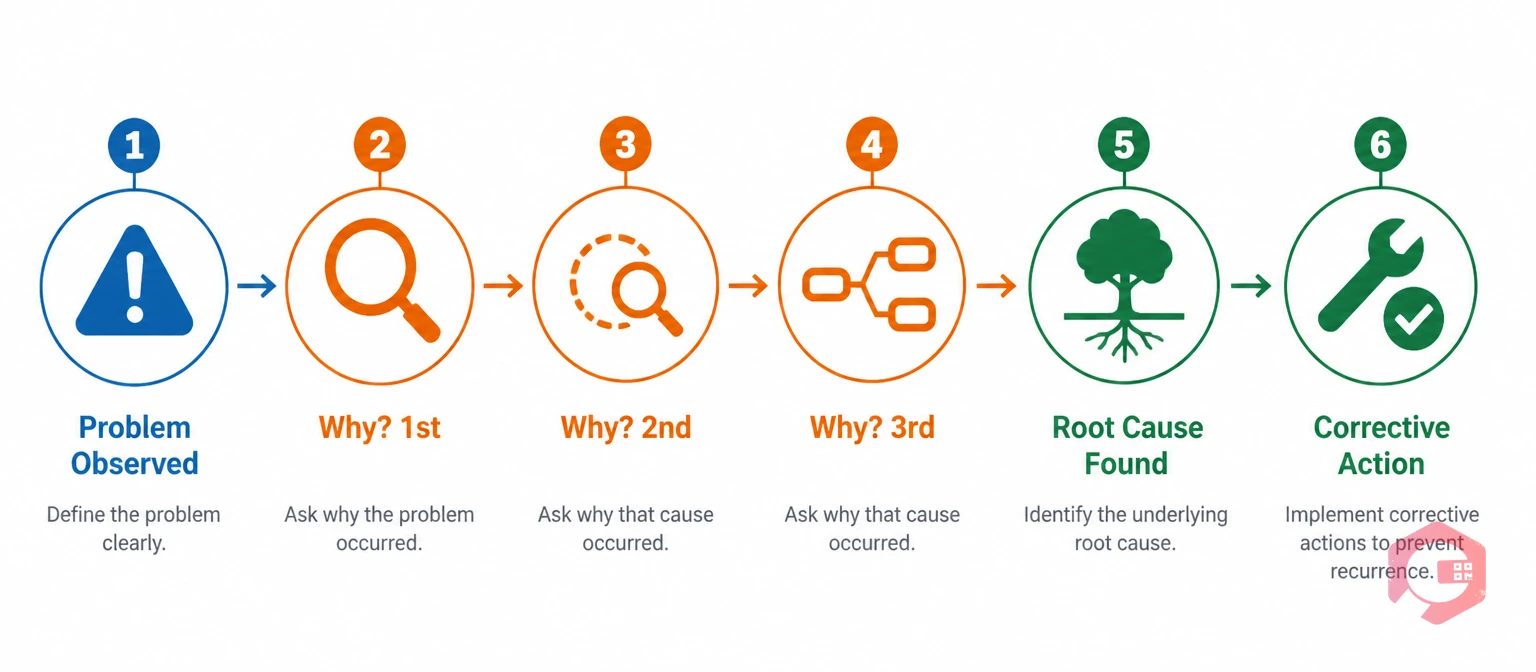 Five Whys root cause analysis process flow from problem observed to corrective action | Cryotos