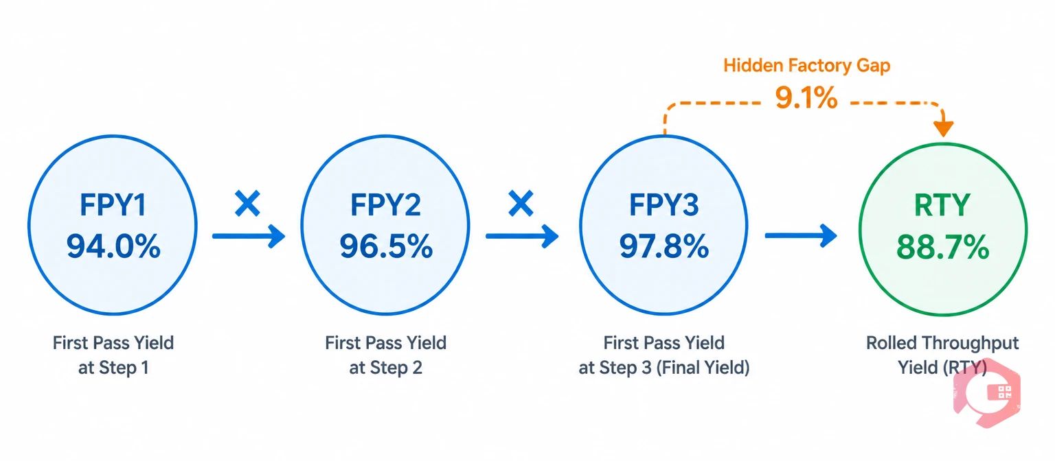 Rolled Throughput Yield formula - FPY steps multiplied to reveal 88.7% RTY versus 97.8% Final Yield hidden factory gap | Cryotos