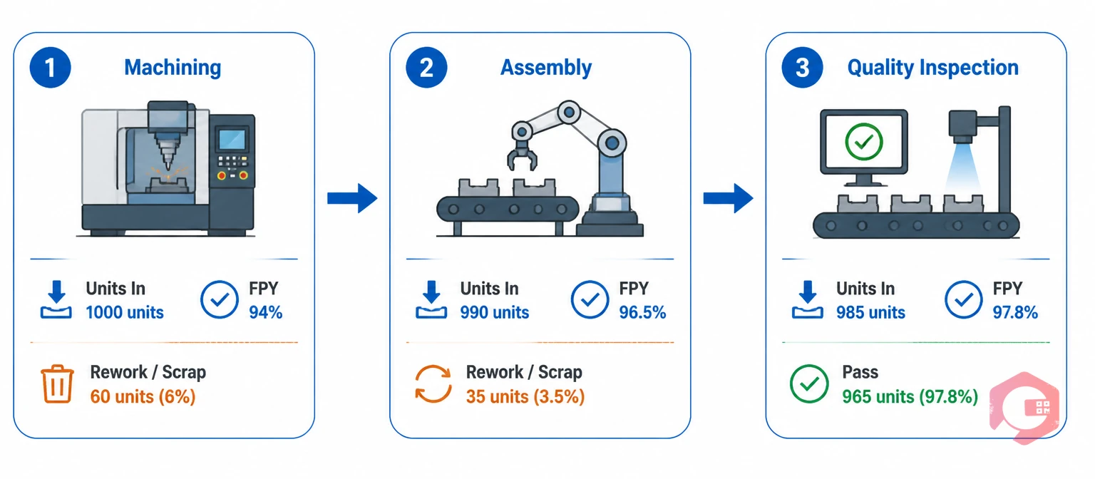 First Pass Yield 3-step process flow - Machining, Assembly, and Quality Inspection with FPY percentages | Cryotos
