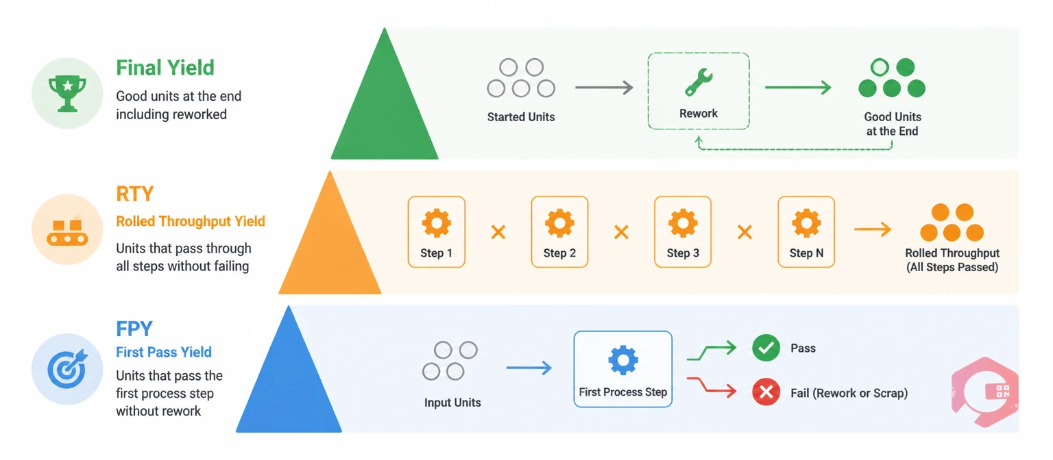 Three manufacturing yield metrics - FPY, RTY, and Final Yield - shown as nested visibility layers | Cryotos