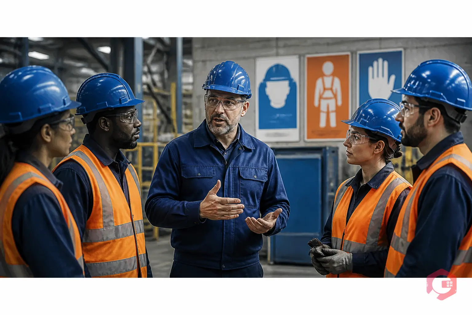 Safety leader conducting a behaviour-based safety coaching session with workers on the factory floor | Cryotos